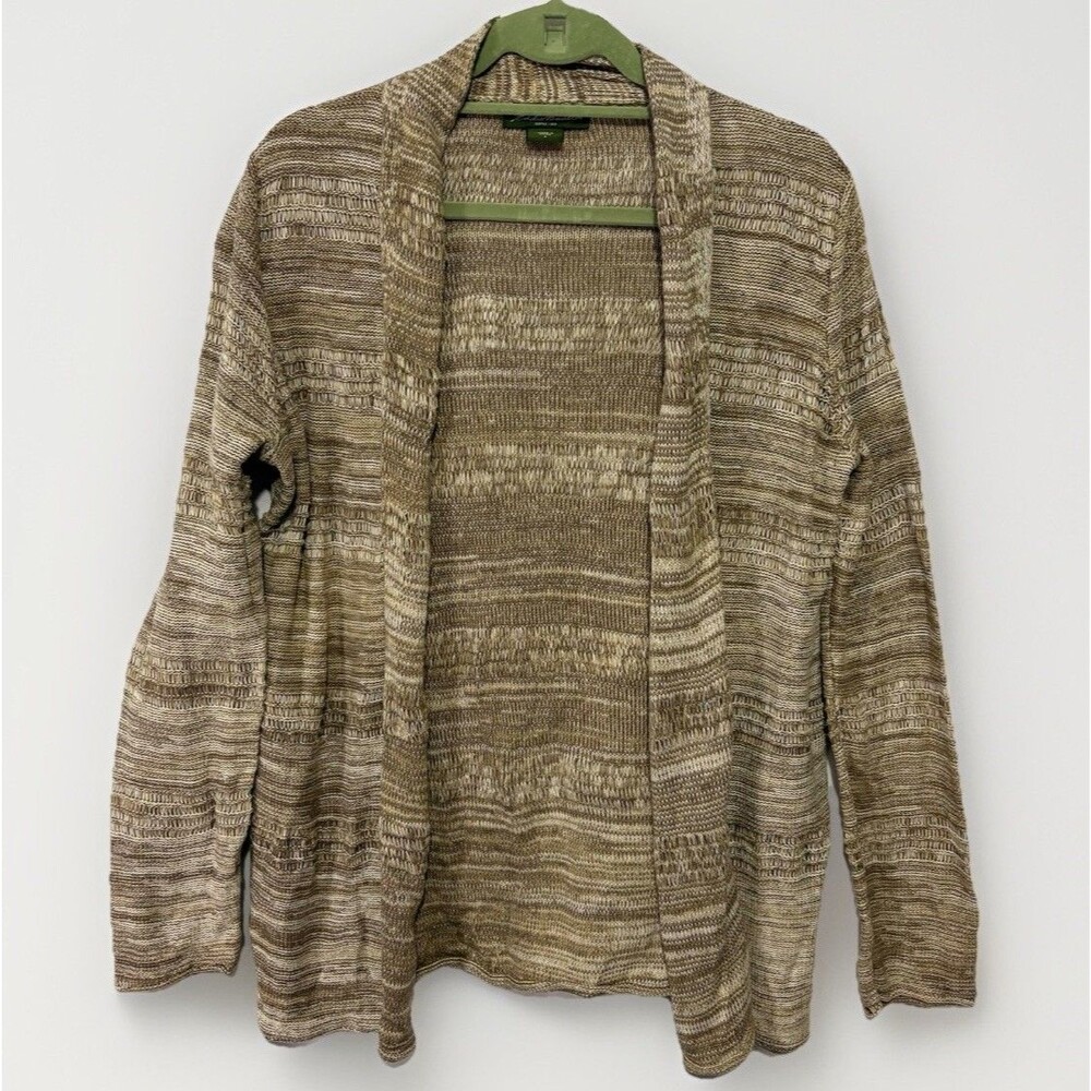 Eddie Bauer Womens Cardigan Sweater Small Tan Beige Crochet Open Front Cotton